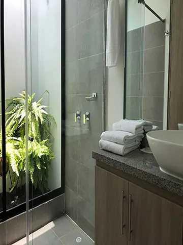 Ducha del baño privado, con toallas y plantas
