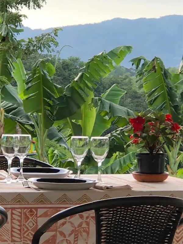 Mesa servida con copas, frente a las matas de plátano y las montañas